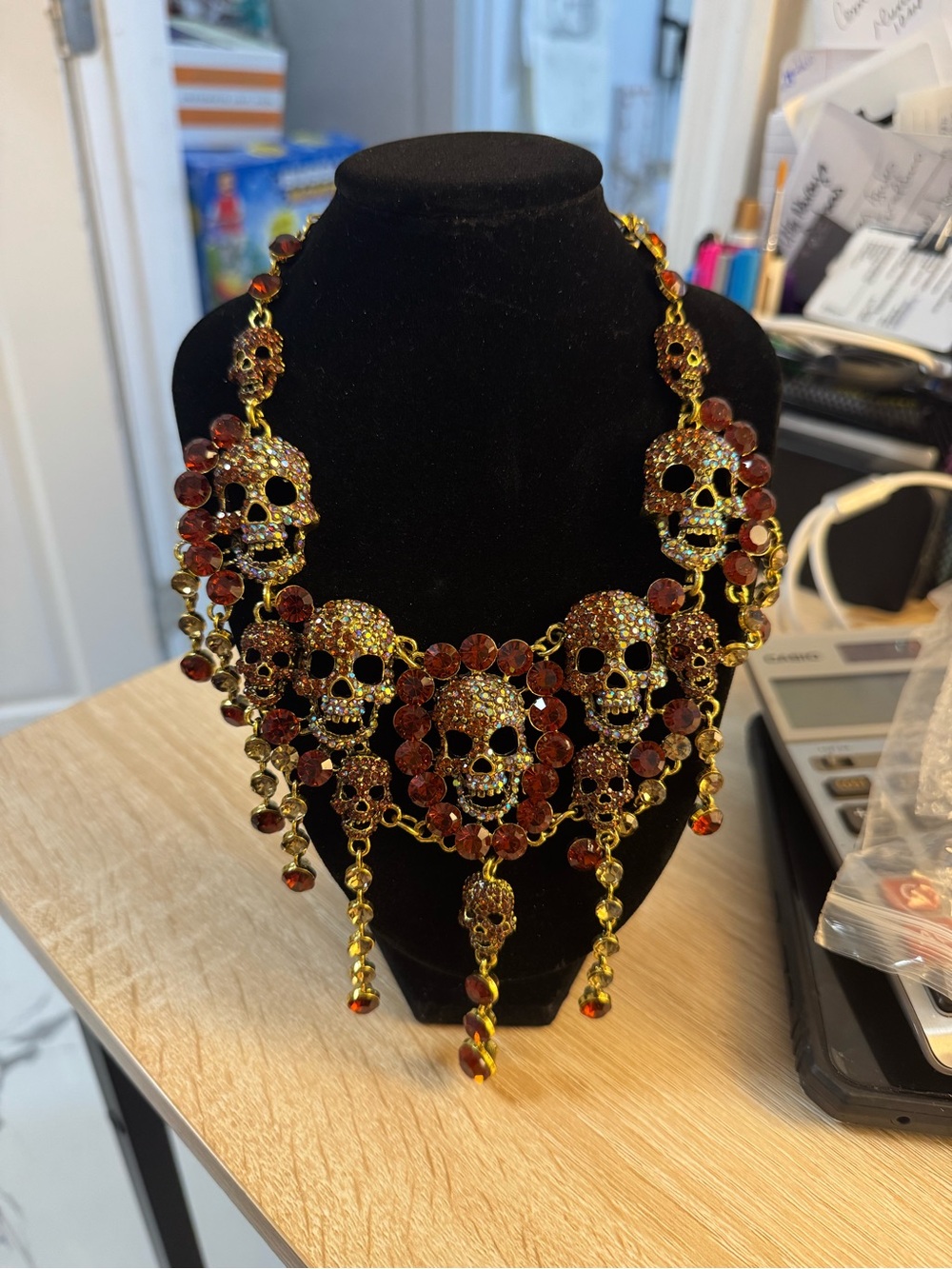 Natasha Couture Gold-Tone Skull Statement Necklace with Amber Crystals - Picture 2 of 5